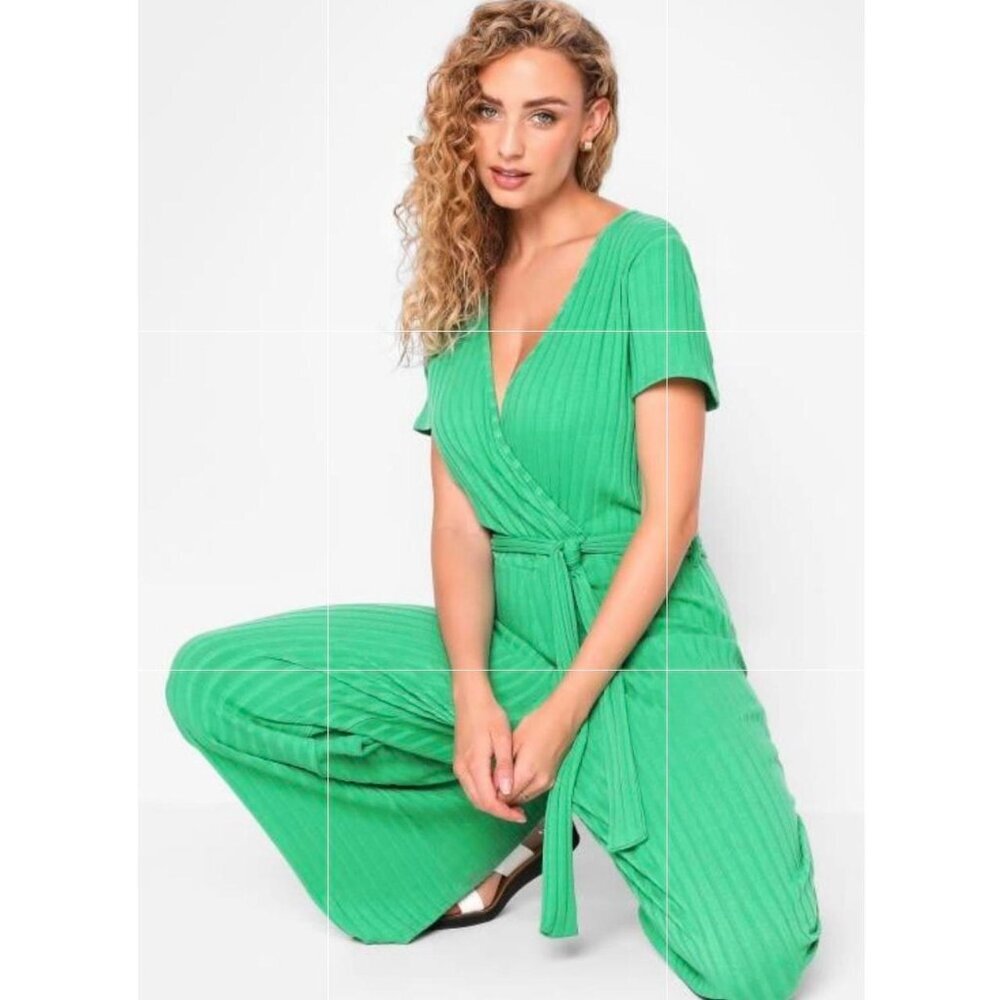 Long Tall Sally Green Ribbed Wrap Jumpsuit Tall US 14–16 - Picture 2 of 8